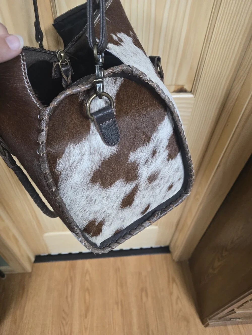 Brown and White Cowhide Dome Satchel - Women's Shoulder Bag